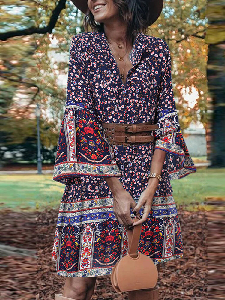 

Women Floral Print Bohemian Flare Sleeve V-Neck 3/4 Sleeve Vintage Casual Mini Dress