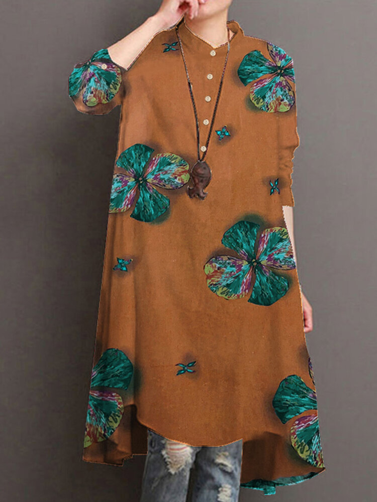 Women Cotton Button Vintage Print High-Low?Hem Retro Shirt Dress