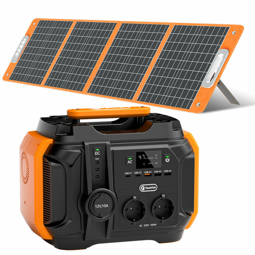 [EU Direct] Flashfish 500W przenośna elektrownia 540Wh Generator słoneczny z 100W składany zestaw baterii do paneli słonecznych na zewnątrz kemping