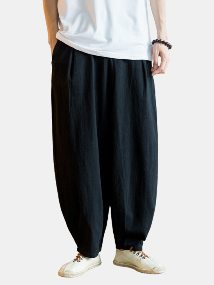 Cotton Linen Solid Color Drawstring Harem Pants With Pocket For Men
