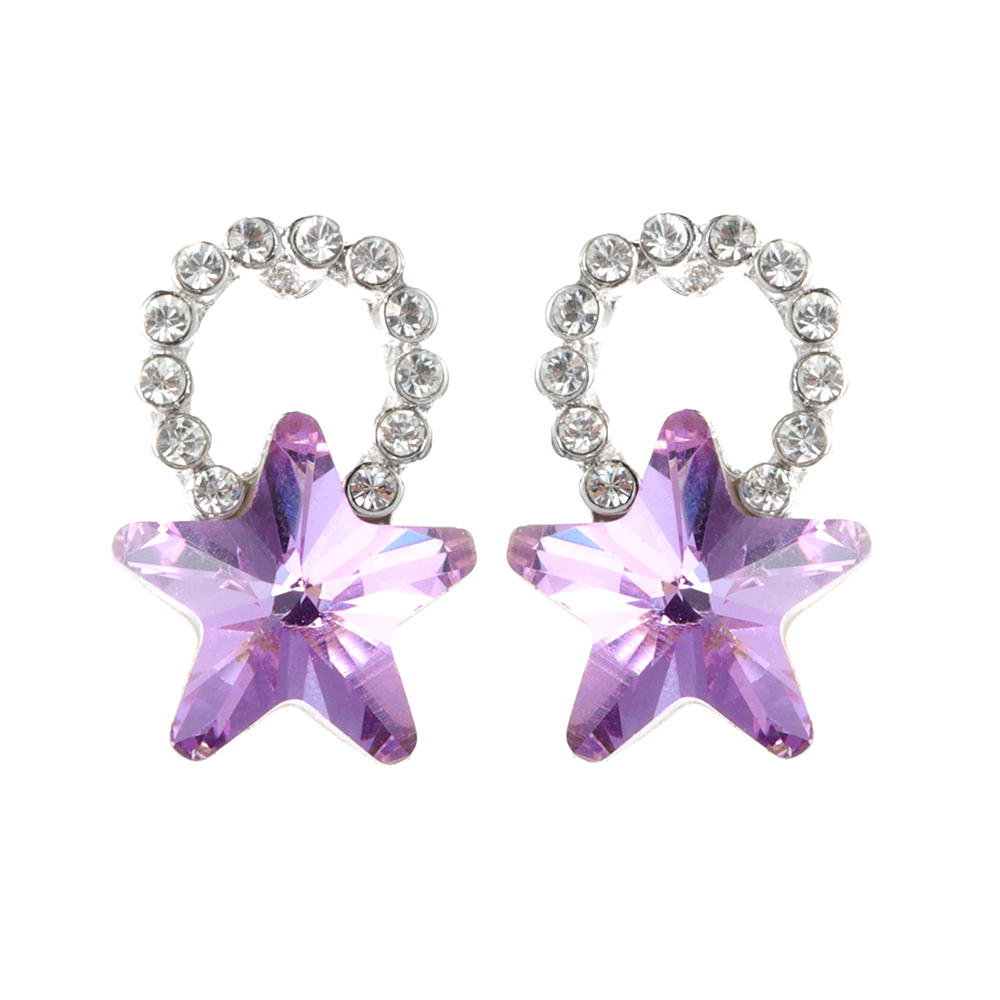 Fashion Silver Earring Blue Purple Colorful Stars Ear Stud Cute Crystal Rhinestones