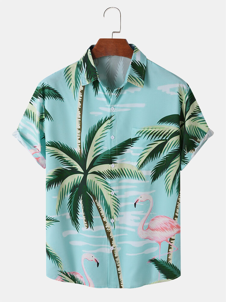Heren Casual overhemden met kokospalm en kraanvogelprint met korte mouwen en knoop aan de voorkant