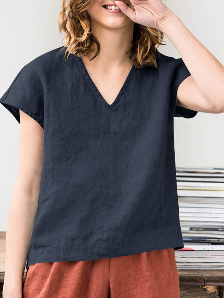Solid V Neck Short Sleeve Casual Cotton Blouse