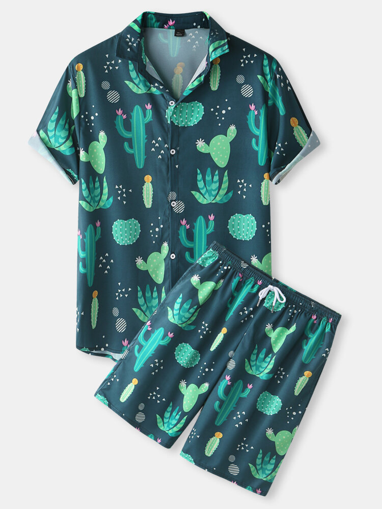 Heren Cactus Plant Print Revers Trekkoord Shorts Vakantie Twee Stukken Outfits