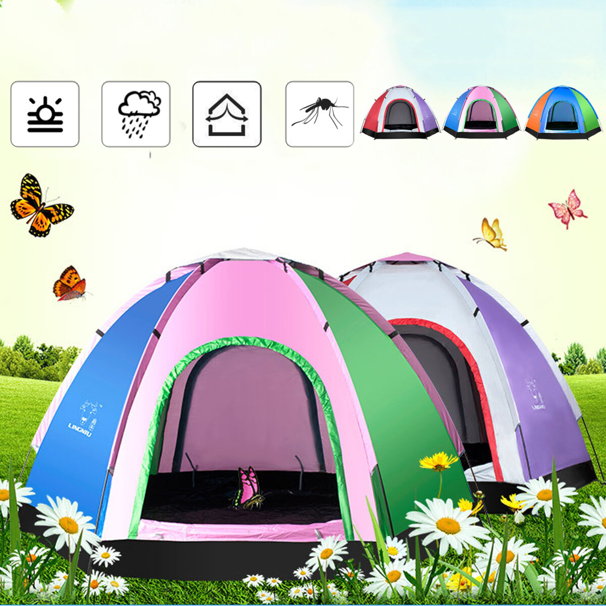 1-6 personen Outdoor Camping Tent Toerist 4 Seizoenen Familie Reizen Strandkamp Tent Gemakkelijk Ope