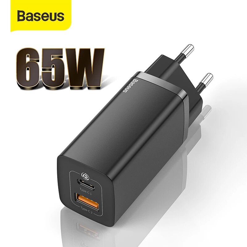 

[GaN Tech] Baseus 65W GaN Dual Port Wall Charger PD+QC3.0 Fast Charging Travel Charger EU Plug Adapter for iPhone 13 Pro