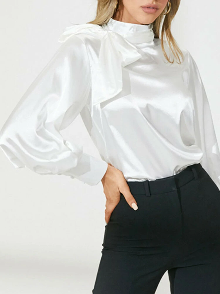 Long sleeve stand collar casual leisure solid blouse for women