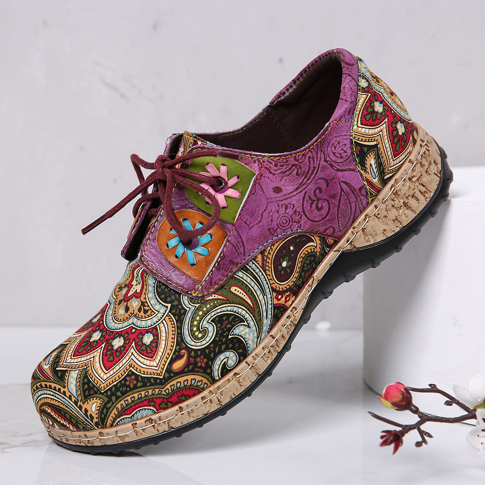 

SOCOFY Folkways Шаблон Комфортные кожаные туфли на шнуровке с круглым носком и шнуровкой