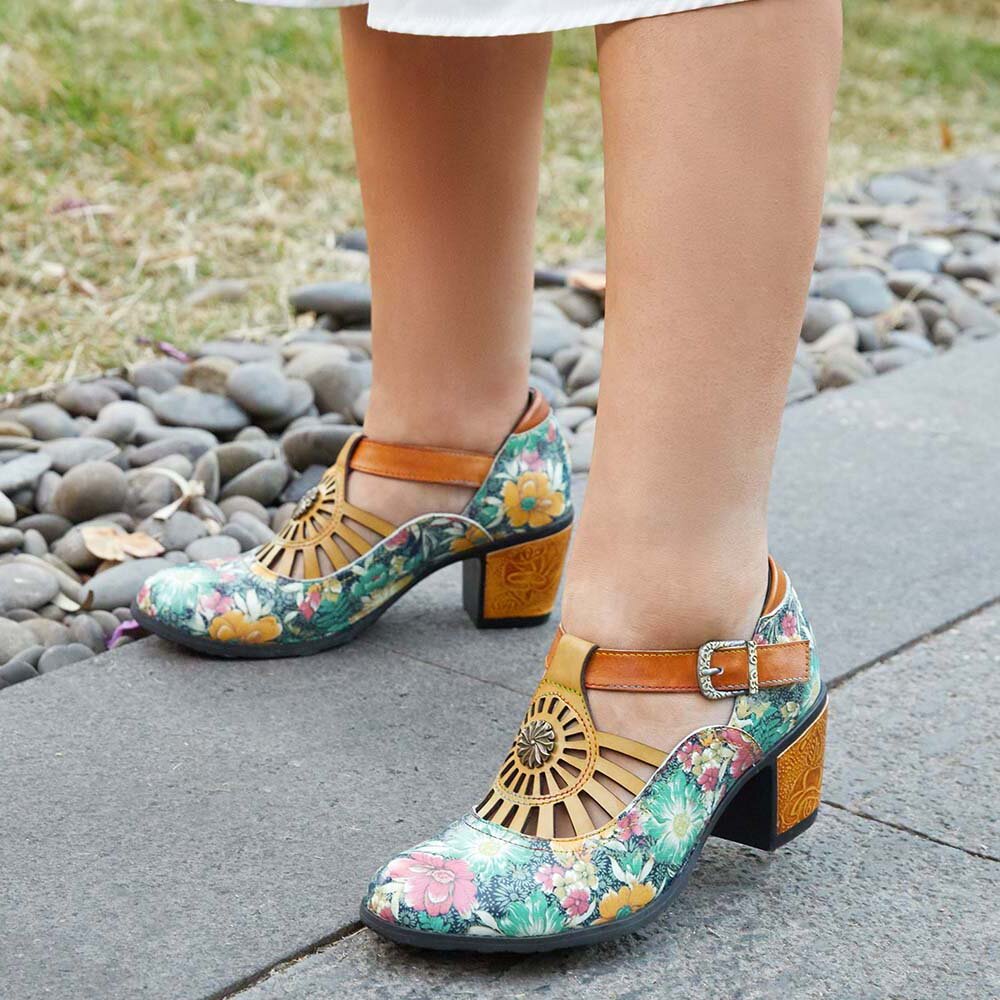 

Socofy Натуральная Кожа Retro Floral Крюк & Loop Comfy Туфли с Т-образным ремешком на каблуке