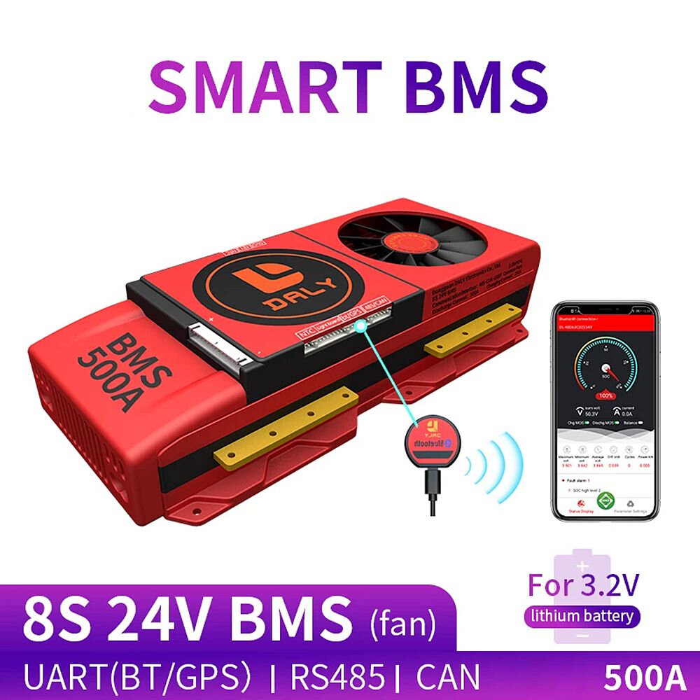 

DALY Smart BMS 8S 24V 500A bluetooth 485 to USB Device CAN NTC UART Software Li-on Battery Protection Board BMS with Fan