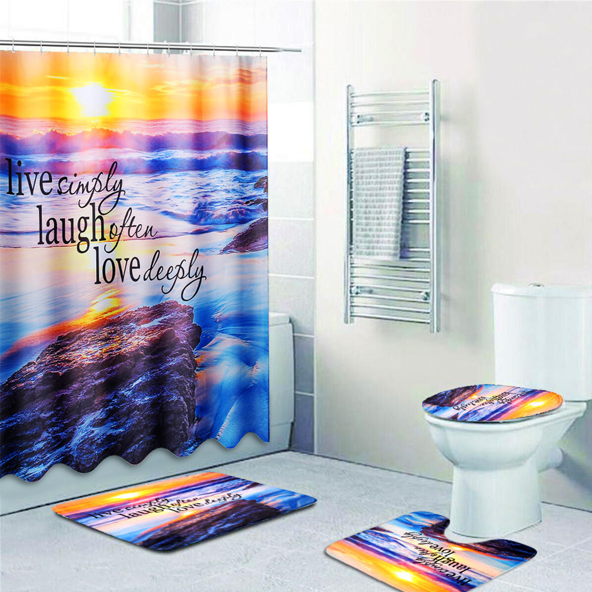 

Sandy Beach Waterproof Bathroom Shower Curtain Toilet Cover Mat Non-Slip Rug Set