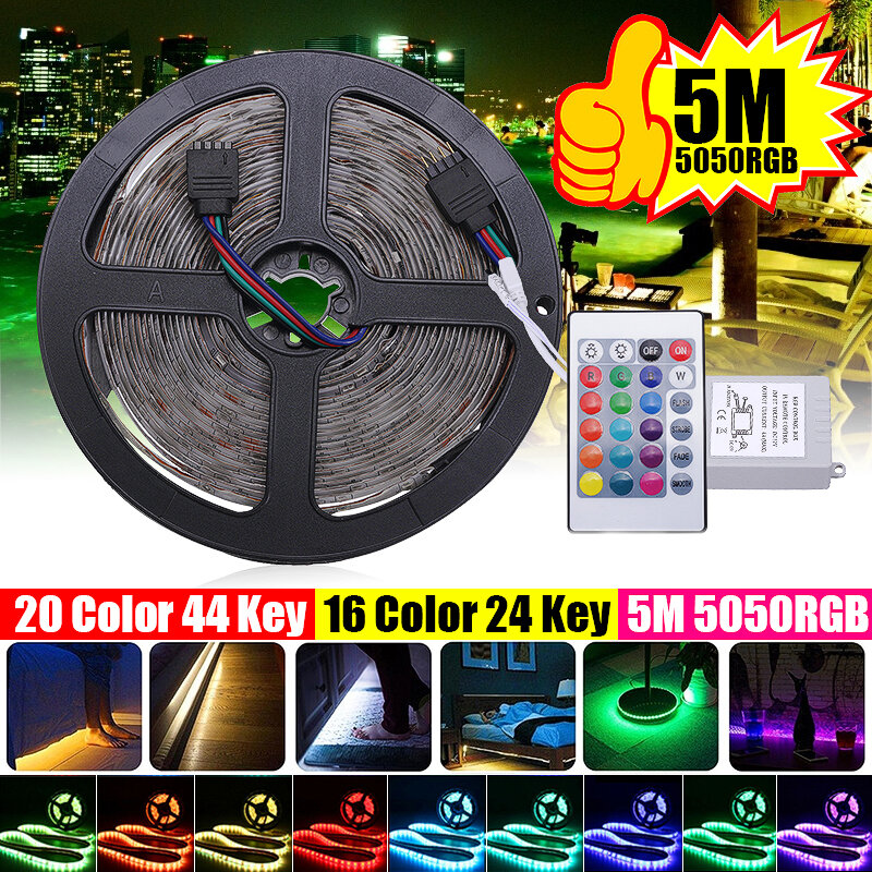 5M IP20 IP67 SMD2835 RGB LED Strip Light DC12V + 24Keys Or 44Keys Remote Control for Indoor Home Decor