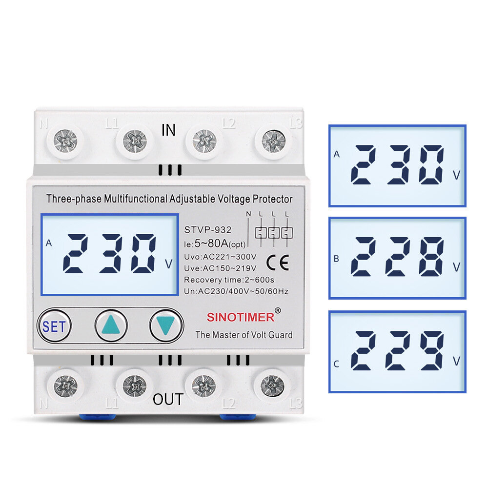 

SINOTIMER STVP-932 Industrial Three Phase AC 380V 80A Adjustable Surge Voltage Protector Automatic Recovery Over Under V