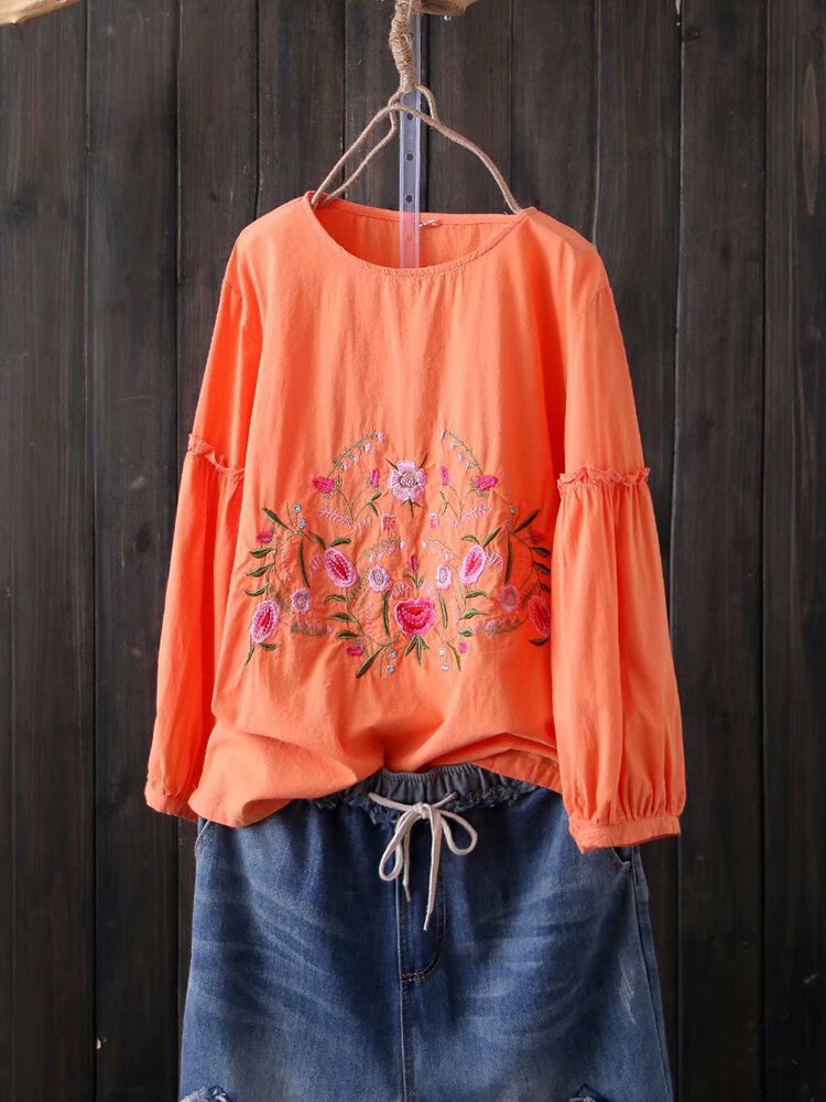Women Floral Embroidered Lantern Long Sleeve Tops