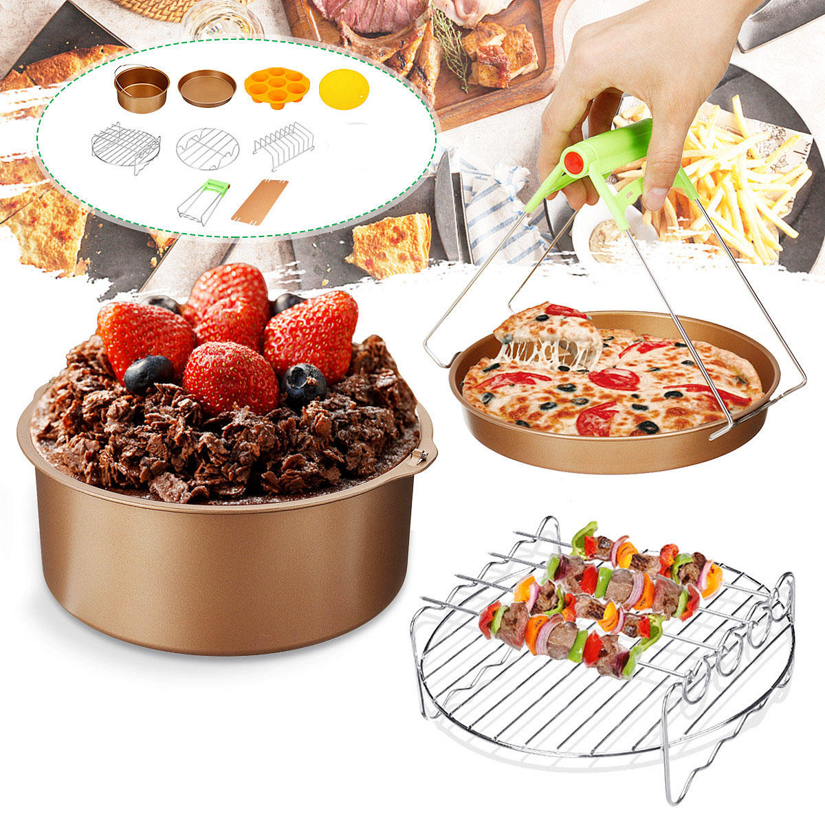 10Pcs/set 7inch Non-stick Air Fryer Accessories Cake Baking Pot BBQ Barbecue Pizza Pan  