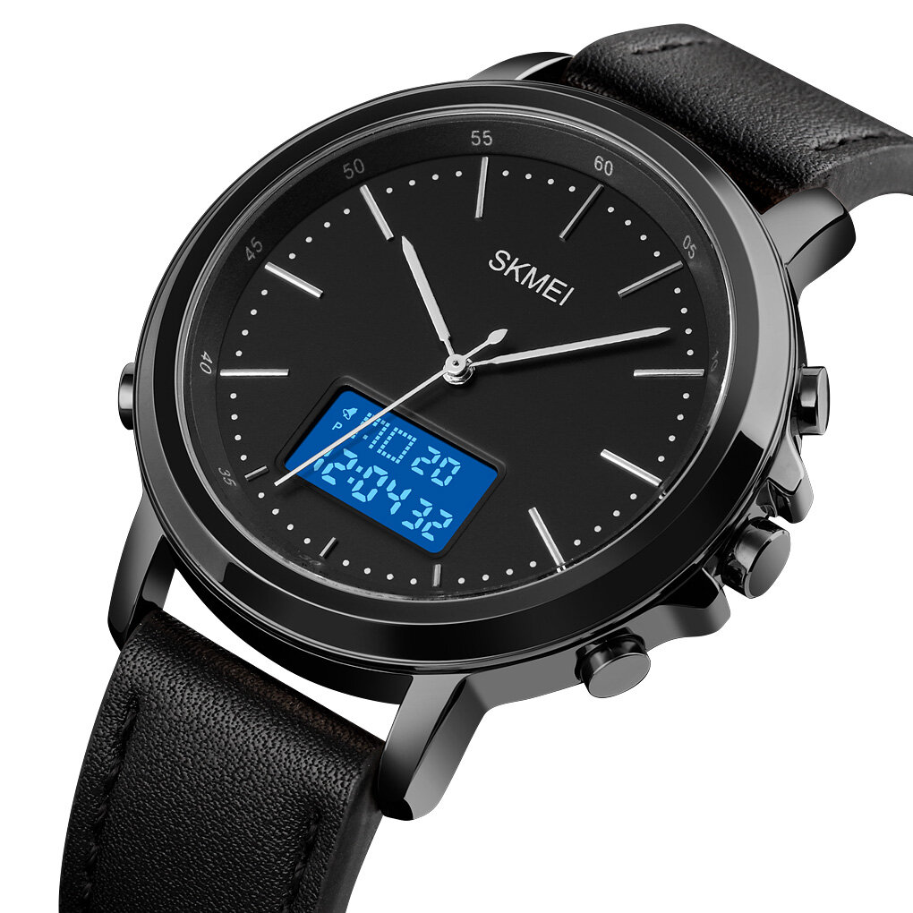 

SKMEI 1652 Leather Alarm Stopwatch Sport Watch Luminous Display Men Waterproof Dual Display Digital Watch
