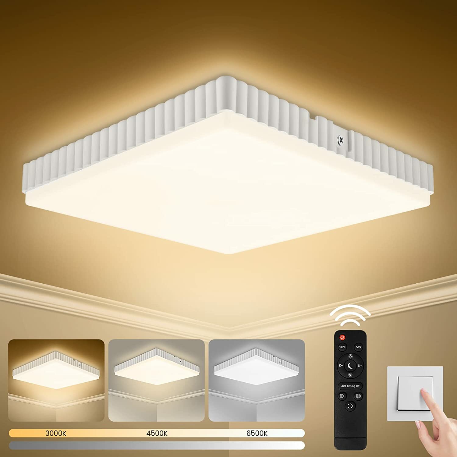 24W Square Three-Color Remote Control Ceiling Lamp 40PCS Lamp Beads 160-265VAC IP54 Support Infrared Remote Control Blac