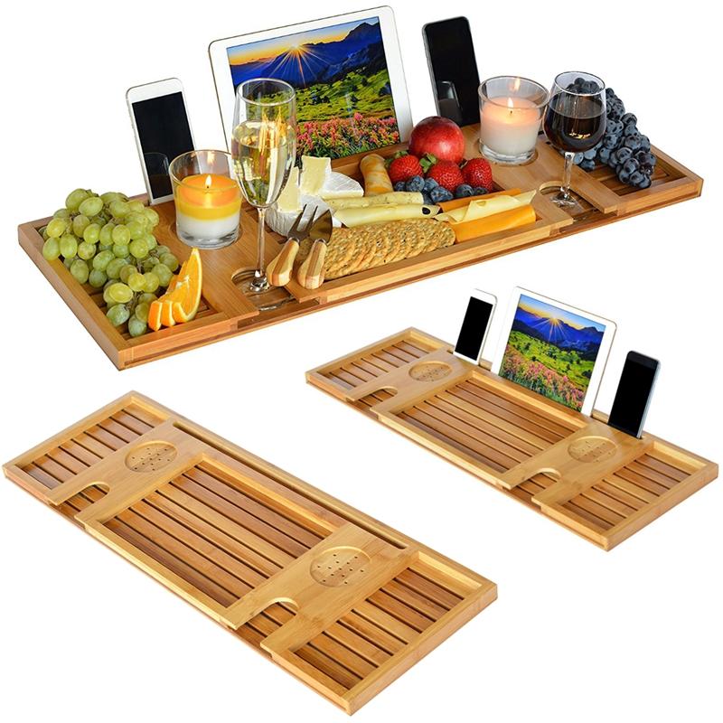 Bamboe badkuip caddy lade met leesrek / tablet houder / mobiel lade / wijnglas houder