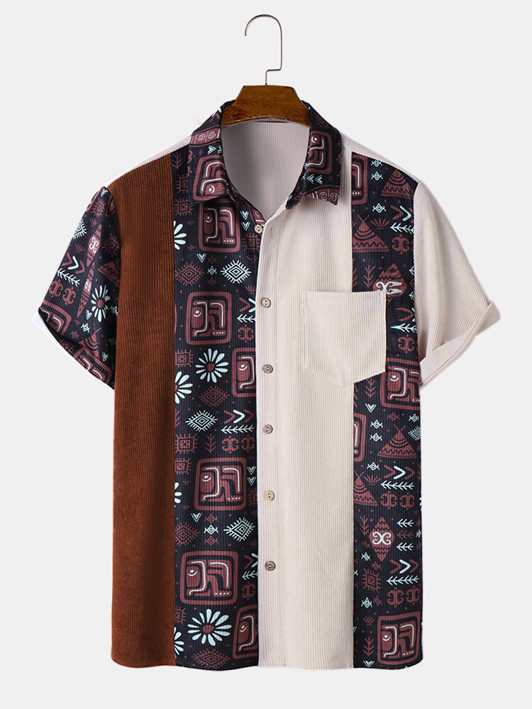 Heren etnische tribal patroon patchwork corduroy shirts met korte mouwen