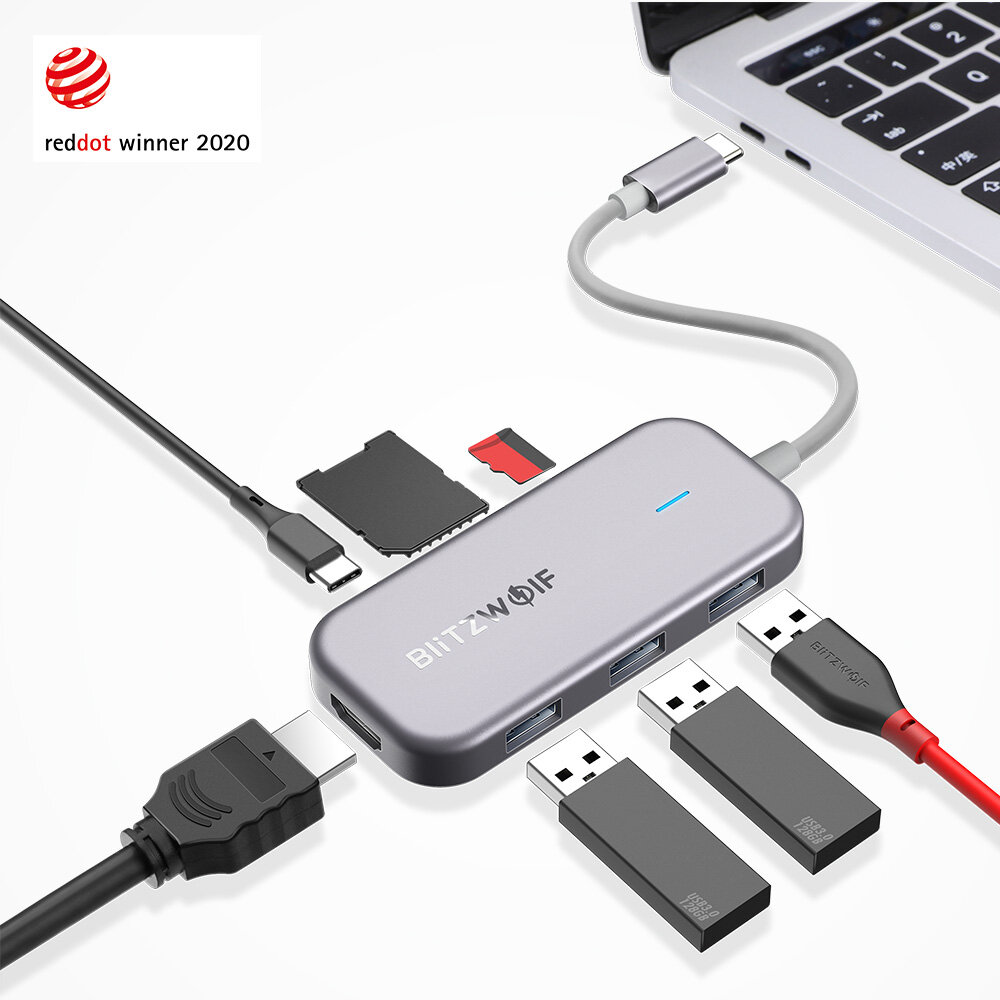 BlitzWolf® BW-TH5 7-in-1-USB-C-Daten-Hub mit 3-Port USB 3.0 TF-Kartenleser USB-C PD-Aufladung 4K-Display USB-Hub für Mac