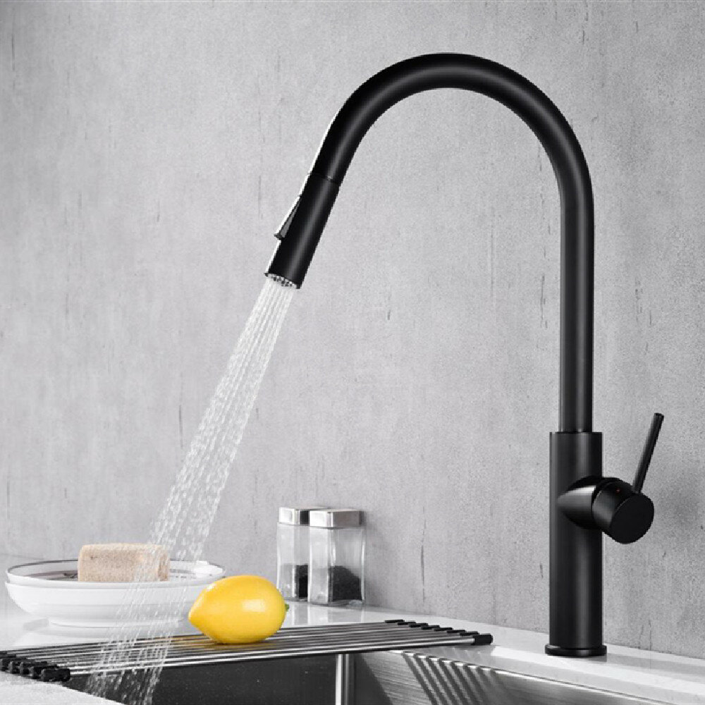 

Matte Black Kitchen Sink Faucet Brass Single Lever Pull Out Spring Spout Mixers Tap Hot Cold Water