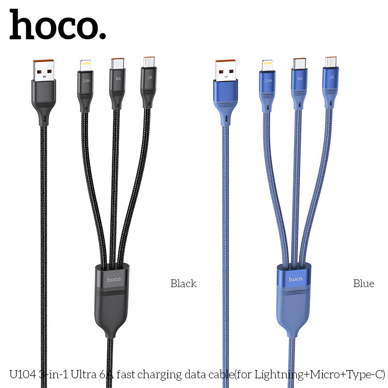 HOCO U104 1.2M (iP+Micro+Type-C) 3 in 1 snellaaddatakabel voor iPhone 12 11Pro Max voor Ulefone Powe