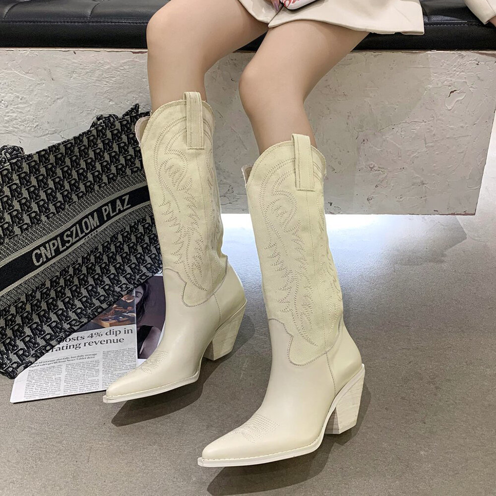 46% OFF on Women Embroidered Pointed Toe Chunky Heel High Cowboy Boots