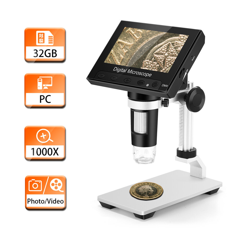

DM4 1000X Digital Microscope 4.3" HD LCD with 32GB Card Metal Bracket Magnifying Loupe Camera Lens 2MP Adjustable LED Mi
