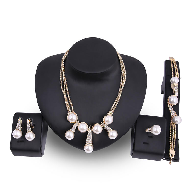 Luxury Bridal Jewelry Pearls 18K Gold Charm Necklace Bracelet Earrings Ring Set...