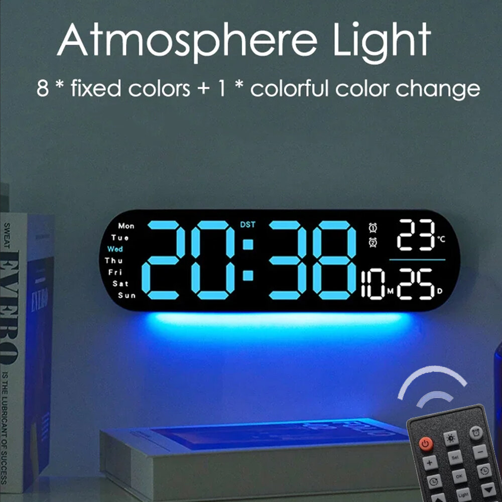 

LED Digital Ambient Light Wall Clock Remote Control Electronic Mute Clock with Temperature Humitimy Date Week Display Ti