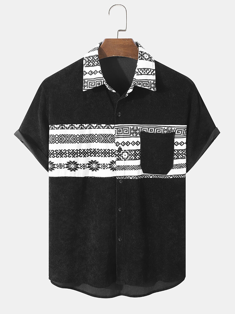 

Mens Ethnic Pattern Patchwork Chest Pocket Corduroy Short Sleeve Shirts