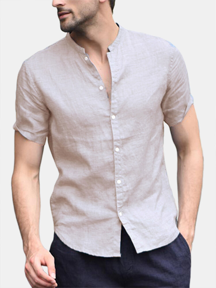 قميص رجالي كتان بأكمام قصيرة بلوزة شاطئية فضفاضة Soft قميص علوي بدون ياقة غير رسمي