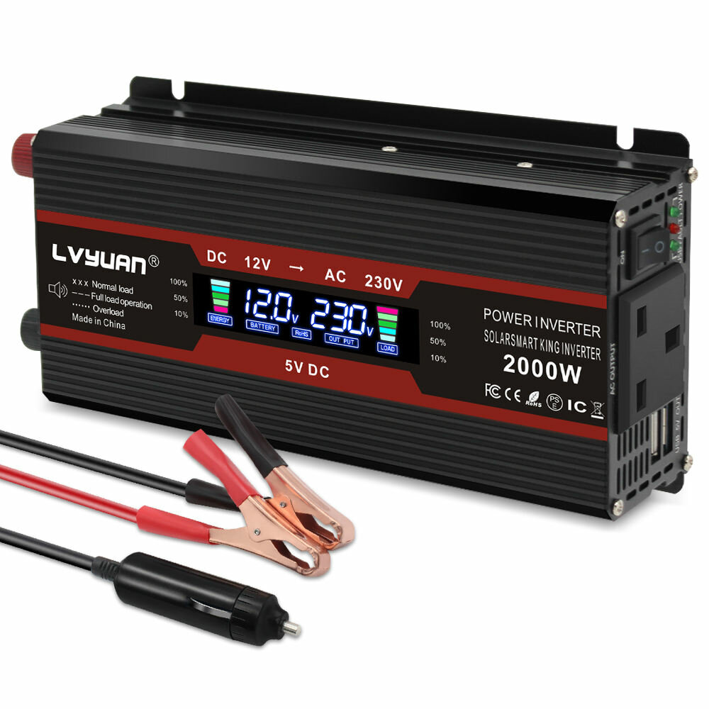 [EU Direkt] Lvyuan F-2000A LCD Kijelző 800W Folyamatos Kimeneti Teljesítmény 2000W Csúcs Modifikált szinusz hullám inverter 12V-ról 220V-ra Hordozható kültéri Power Bank Inverter dugasz Dupla USB EU Csatlakozó
