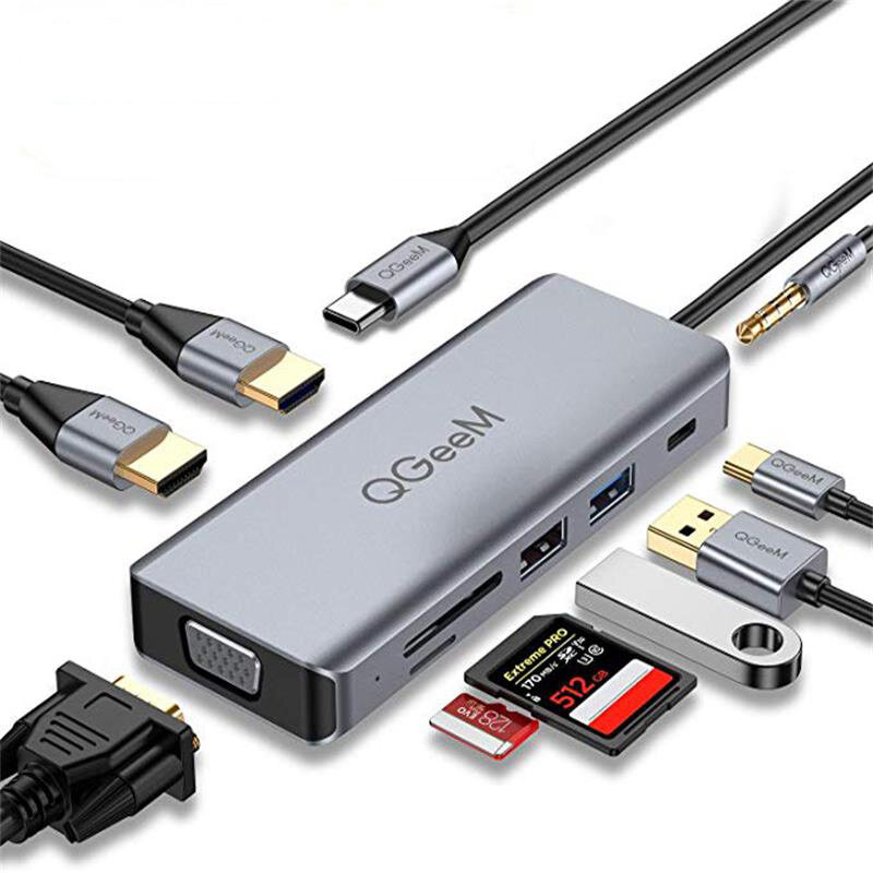 

QGeeM 9 в 1 Triple Дисплей Адаптер док-станции USB-C Hub с двумя 4K HDMI HD Дисплей / 1080P VGA / 87 Вт USB-C PD3.0 Powe