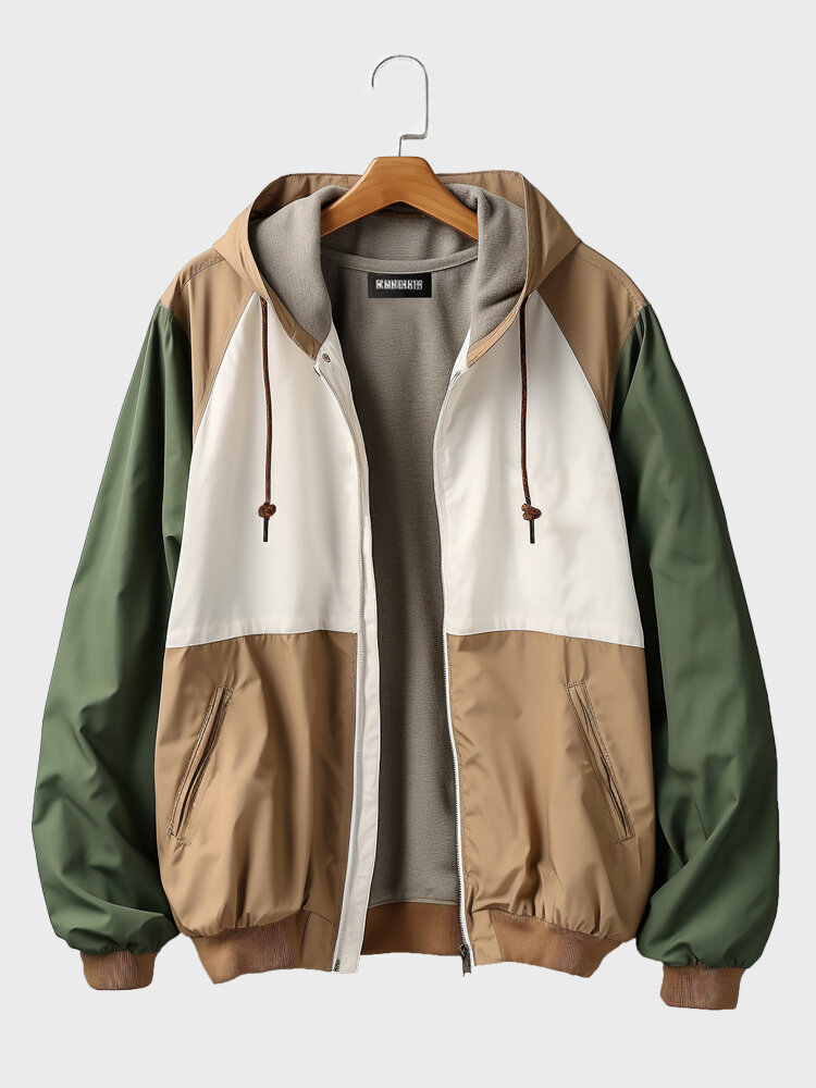 

Mens Color Block Patchwork Zip Front Hooded Windbreaker Jacket