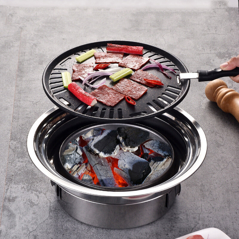 Ensemble de 7 pièces de gril à charbon de bois coréen en acier inoxydable pour la maison / le camping en plein air Poêle à barbecue portable sans fumée