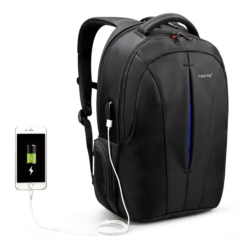 Bolsa para laptop Tigernu T-B3105 de 15 pulgadas, mochila impermeable de 20L con carga USB, negro con azul para acampar y viajar.