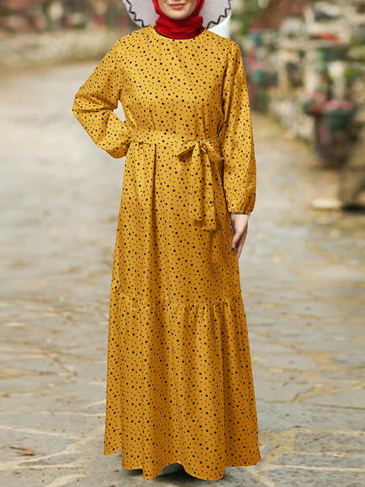 

Women Polka Dot & Stars Printed Belted Puff Sleeve Kaftan Maxi Dress