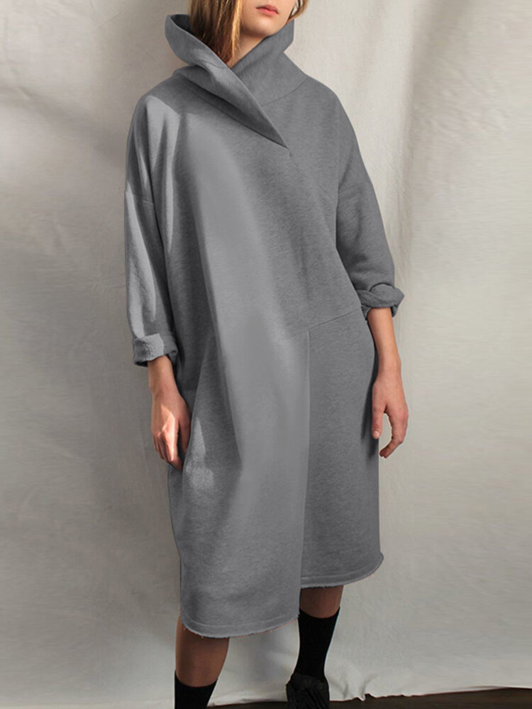 Women Design High Neck Solid Color Knee Length Casual Dresses