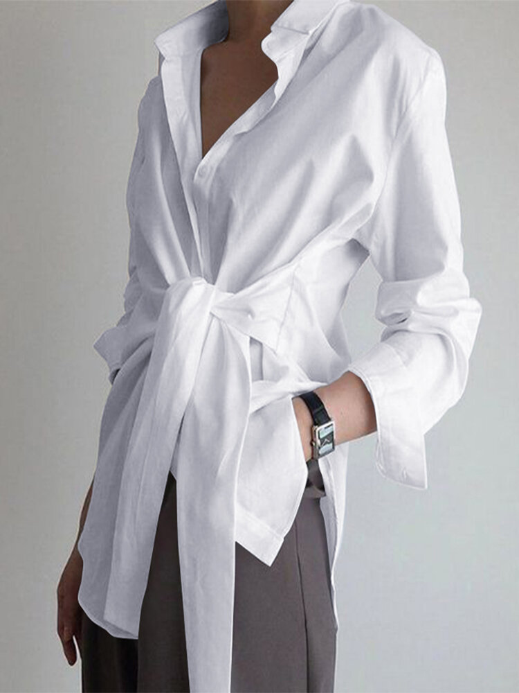 Solid Color Wrap Lapel Long Sleeve Casual Shirts For Women