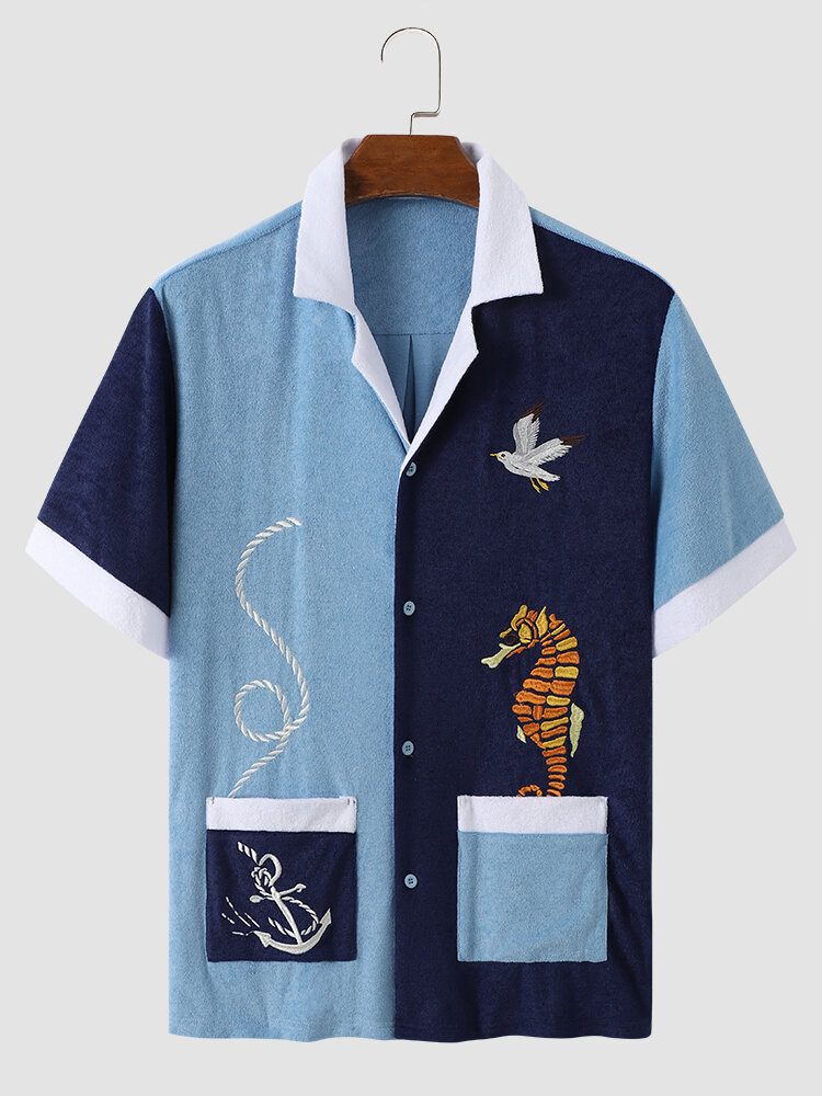 Men Towel Patchwork See Horse Embroidered Front Buttons Revere Collar Hawaii Shirts