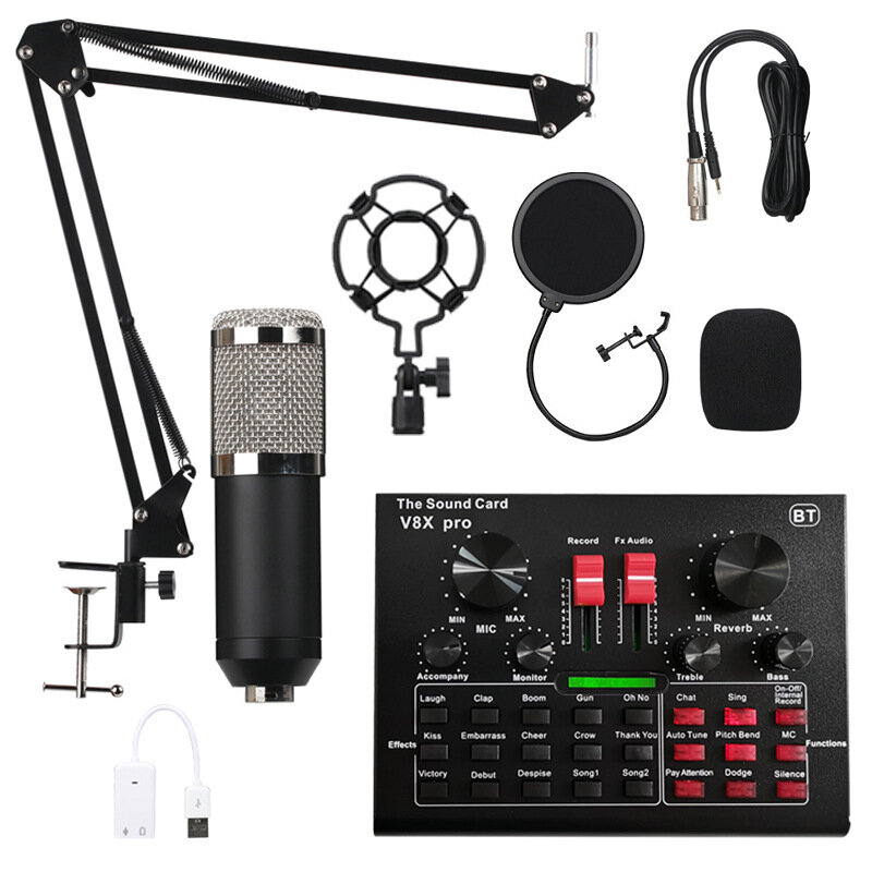 Kondensatormikrofon mit Live Studio Soundkarte Aufnahmemontage Boom Stand Mic Satz für Live Broadcast K Song
