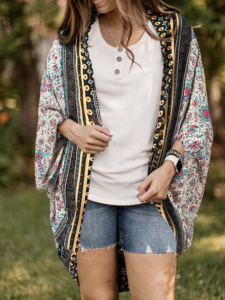 Floral Tribal Pattern Print Open Front Loose Cardigan