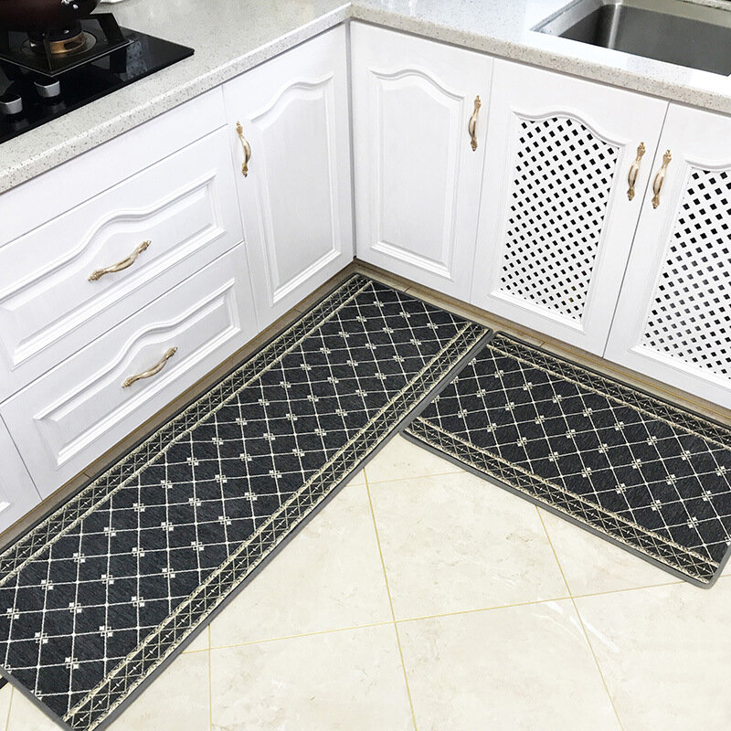2PCS Black Grey Non-slip Kitchen Door Mat Washable Geometric Strip Home Floor Rug