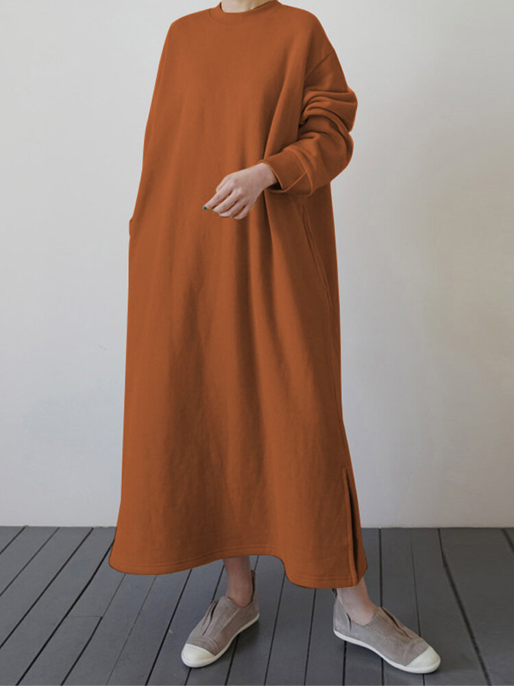 Effen kleur split zoom losse sweatshirt maxi-jurk met zijzakken