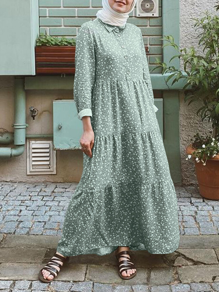 Vintage bloemenprint patchwork revers lange mouw vakantie shirt maxi jurk