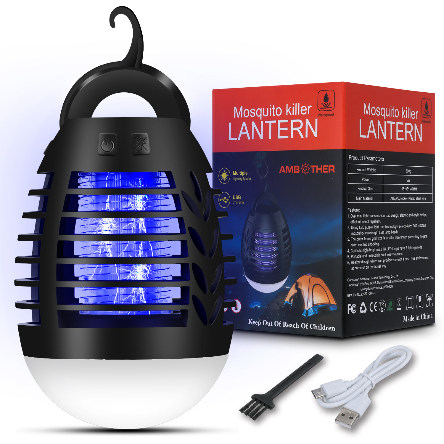 AMBOTHER 5W 電気蚊取り器 蚊取りランプ 3種類のライト USB充電式 IP67防水 屋内外用蚊取り器