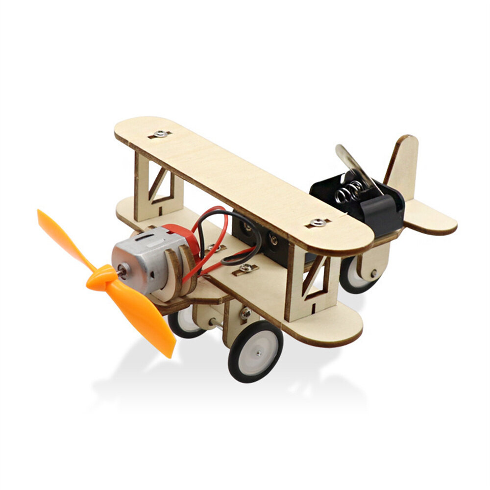 DIY Electric Taxiing Aircraft Model Toys Wooden plane Dual Motor Biplane for Children Small Inventions Scientific Experi