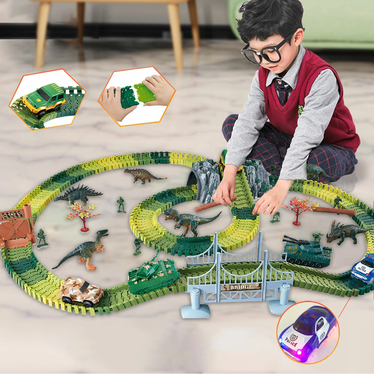 Dinosaur track car diy assembled building block scene electric track racing science education children's toys