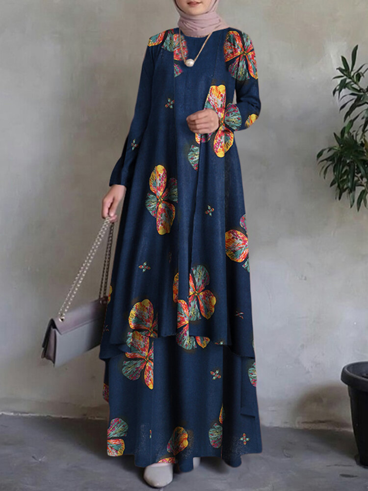 Women Kaftan Tunic 100% Cotton Double-layer Design Leisure Floral Maxi Dress